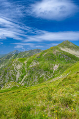 The Mount Iezerul Caprei. Summer landscape of the Fagaras Mountains, Romania. A view from the hiking trail near the Balea Lake and the Transfagarasan Road.