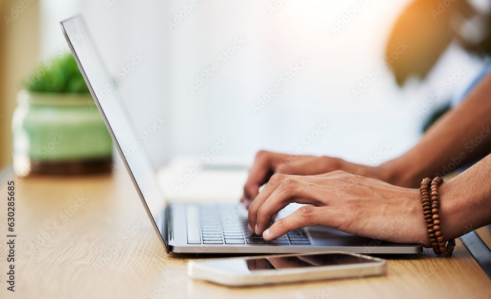 Poster closeup, work from home and hands with a laptop, typing and connection with network, smartphone and 