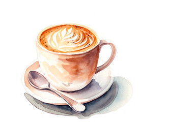 Cup of Cappucino. Cup of Coffee with Cinnamon. Hot Beverages. Coffee Cup Illustration. Aquarelle Style Illustration with White Background. Generative AI