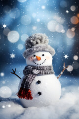 lustiger Schneemann im Winter mit Schneefall