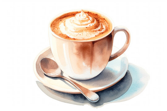 Cup of Cappuccino with Chocolate. Cappucino with Cream. Hot Beverages. Coffee Cup Illustration. Aquarelle Style Illustration with White Background. Generative AI