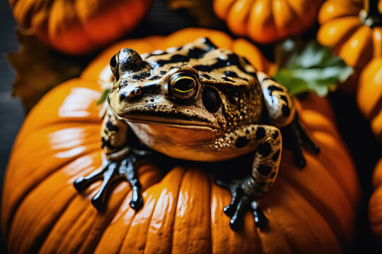 calabaza de halloween con un sapo sobre ella. sapo sobre una hortaliza. decoraci&oacute;n de halloween con animales. ilustraci&oacute;n creada con herramientas generativas de ia.