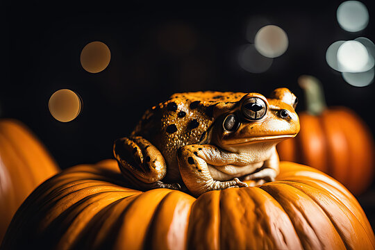 calabaza de halloween con un sapo sobre ella. sapo sobre una hortaliza. decoraci&oacute;n de halloween con animales. ilustraci&oacute;n creada con herramientas generativas de ia.