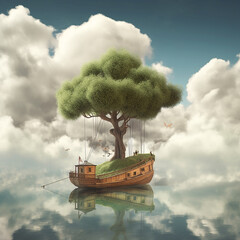 a boat with a tree, clouds in the sky