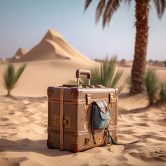 vintage travel suitcase on the beach