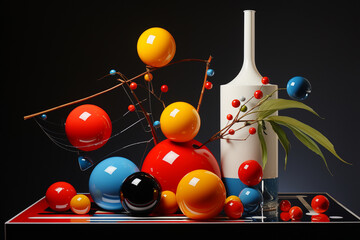 An abstract representation of a still life composition, with objects deconstructed into geometric forms and contrasting colors Generative AI