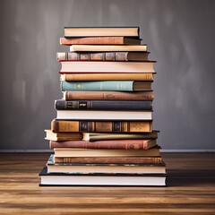 A simple composition of many books, stack or pile of books on wooden table, one of them open with copy space. Made with generative ai
