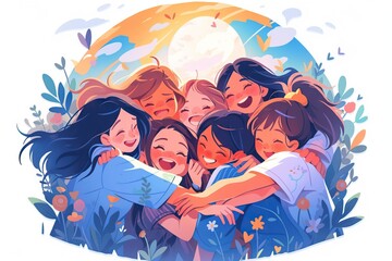 group women friends hugging illustration, anime style illustration, colorful drawing