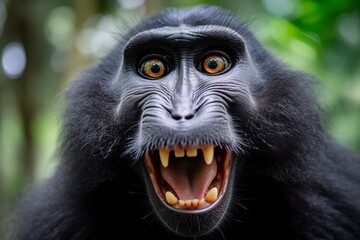 Celebes crested macaque with open mouth. Close up on the green natural background. 
