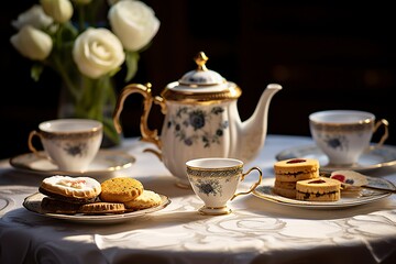 Classical served tea table with biscuits. - obrazy, fototapety, plakaty