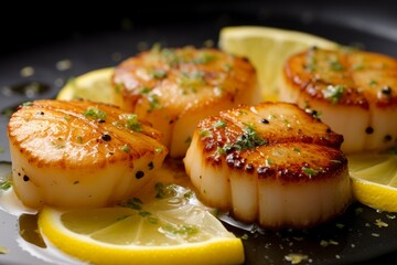 Closeup of pan seared diver scallops with lemon beurre blanc. 