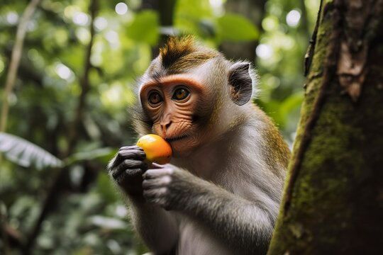 Close up of monkey eating fruit in the jungle. 
