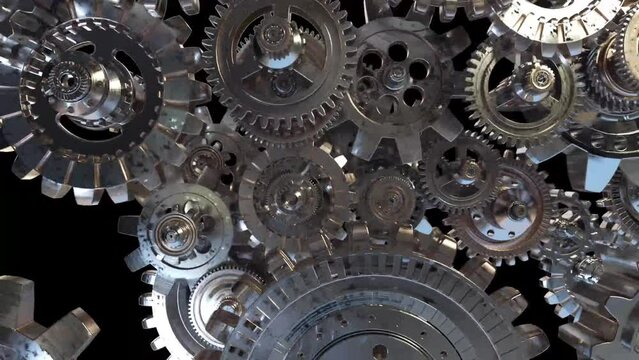 Gears Smooth Rotation. Looped 3d Animation. Abstract Workflow. The concept of business and teamwork technologies. Cold foggy background