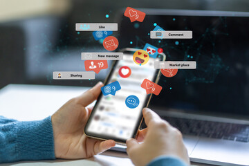Social media communication digital online, people use smartphone play with icon online social media, online marketing, technology, chat, post, like, follow, Influencer marketing at phone