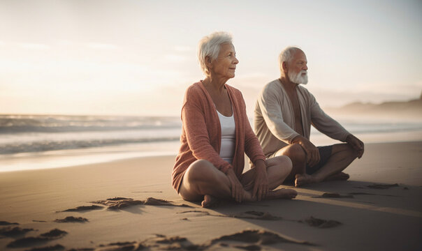 Senior couple practice yoga excercise at the beach in sunset - Generative AI
