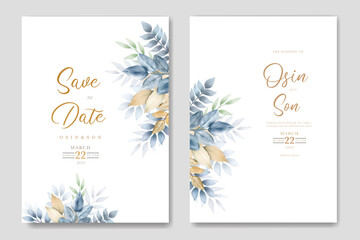 Fototapeta na wymiar navy blue leaves and gold wedding invitation card watercolor 