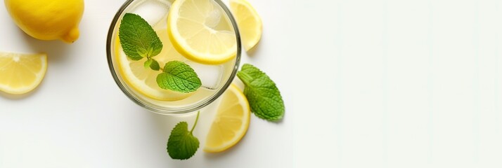 Lemonade in a glass with fresh lemons and mint. Cold summer drink with copy space. 