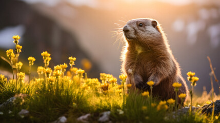 Fototapeta premium Majestic Marmot: A Mountain Portrait - generative ai
