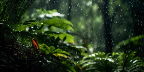 Obraz na płótnie Canvas Rain falls in a rainforest with the rain drops. 