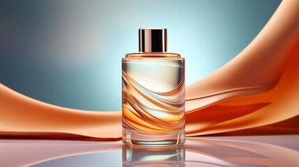 Naklejka premium Perfume, skincare bottle product close up display with smooth glowing wave dynamic color background. Bottle mockups display for perfume, cosmetics, skincare, stylish, beauty product