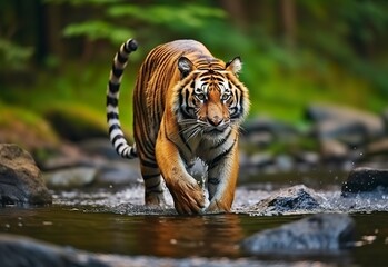 Amur tiger walking in the water. Dangerous animal.  Animal in a green forest stream. 