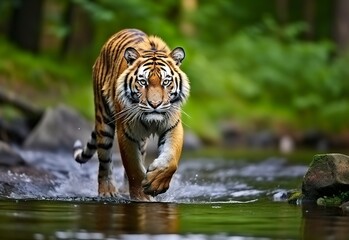 Amur tiger walking in the water. Dangerous animal.  Animal in a green forest stream. 