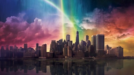 Obraz premium Rainbo sky over futuristic city.