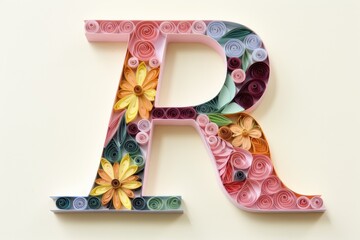 Letter R of quilling craft, handmade festive decoration with paper circles. Cut from paper by handmade.	
