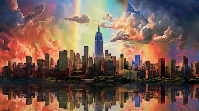 Rainbo sky over futuristic city. 