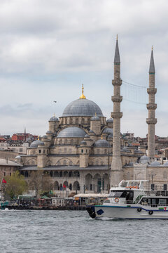 View of Suleymaniye Mosque along the Bosphorus channel in Istanbul, Turkey.