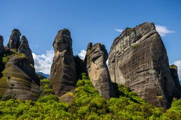 View of natural rounded pillars in Meteora, a unique rock formation in Trikala, Thessaly, Greece.