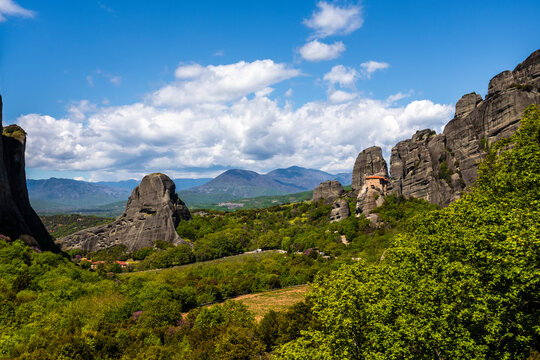 View of Meteora landscape, a valley with ancient rock formation in Trikala, Thessaly, Greece.
