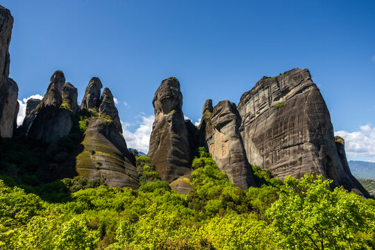 View of Meteora landscape, a valley with ancient rock formation in Trikala, Thessaly, Greece.
