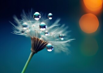 Beautiful dew drops on a dandelion seed macro. Beautiful blue background. 