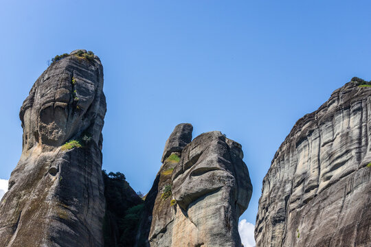 View of natural rounded pillars in Meteora, a unique rock formation in Trikala, Thessaly, Greece.