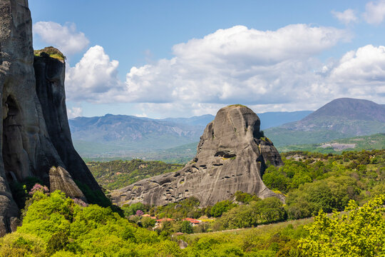 View of Meteora landscape, a valley with ancient rock formation in Trikala, Thessaly, Greece.