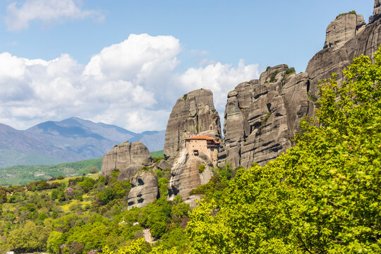 View of Meteora landscape, a valley with ancient rock formation in Trikala, Thessaly, Greece.