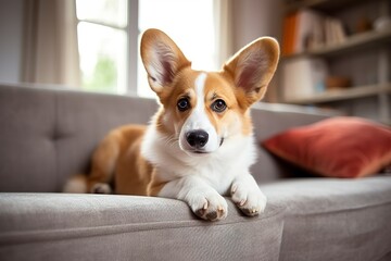 Beautiful, smart, calm purebred corgi dog lying on on sofa in living room. 
