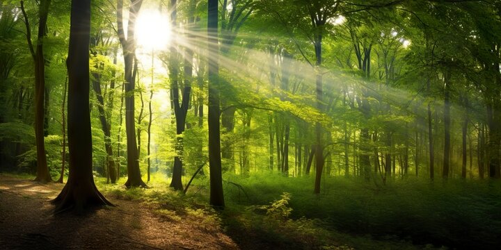 Beautiful rays of sunlight in a green forest. 