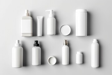 cosmetic beauty products containers on white background.