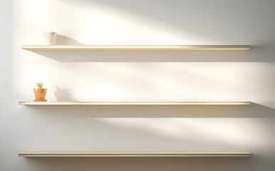 Universal minimalistic background for product presentation. Shelf on a light wall