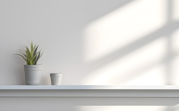 Universal minimalistic background for product presentation. Shelf on a light wall
