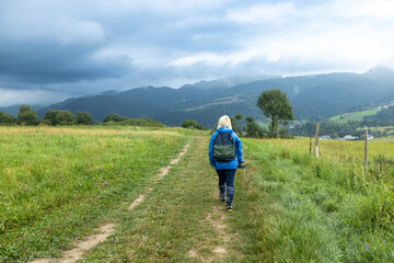 Woman walking around the mountains shooting beautiful green fields on summer day.Beautiful spring walk in the nature. Green oat field. © Shi 