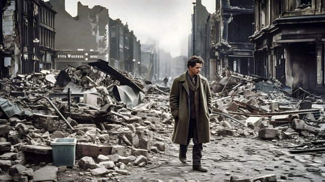 Resilience Amidst Chaos - Elegant man walking through WWII bombed city rubble - generative ai