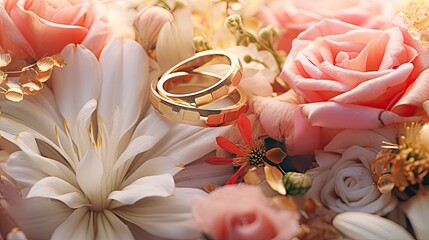 wedding rings and bridal flowers bouquet, copy space