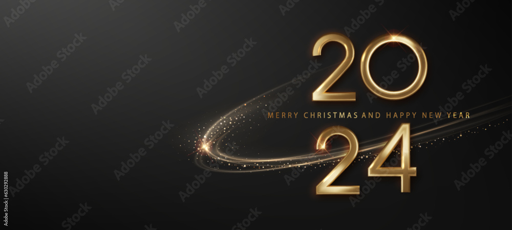Poster 2024 new year with abstract shiny color gold wave design element.
