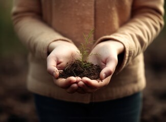 Fototapeta premium Hands holding small plant in fertile soil, environmental sustainability, nurturing growth, eco-awareness concept. Closeup 