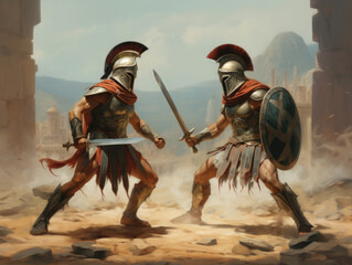 Fight of two Roman soldiers. Digital art.
