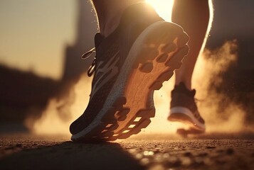 Close up of shoes, athlete's foot runner running on the street in the sun in the morning. generative ai