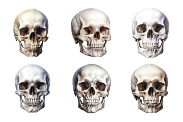 Front view of human skull collection isolated on transparent background